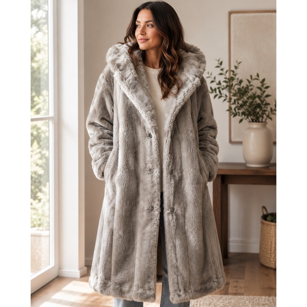 Vintage Gray Faux Fur Maxi Coat Long Plush Winter Statement Size XL